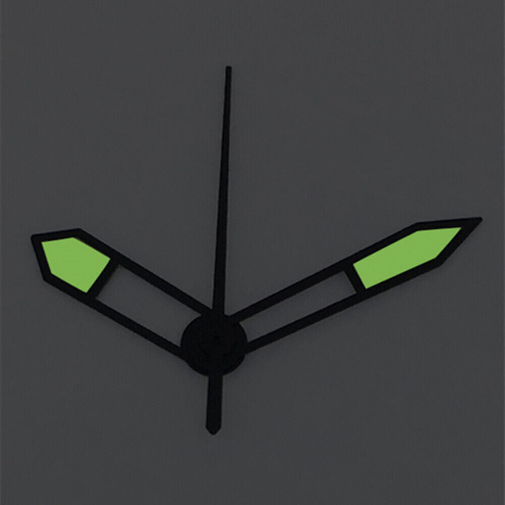 Three green luminous watch hands with black trim for Asian 8215/2813/8205 movements, ideal for precise watch repair.