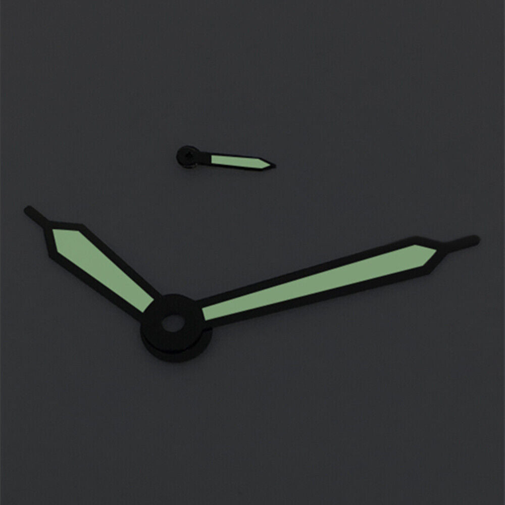Black trim green luminous watch hands for ST3600, ST3620, ETA6497, ETA6498 movements, precise fit and visibility.