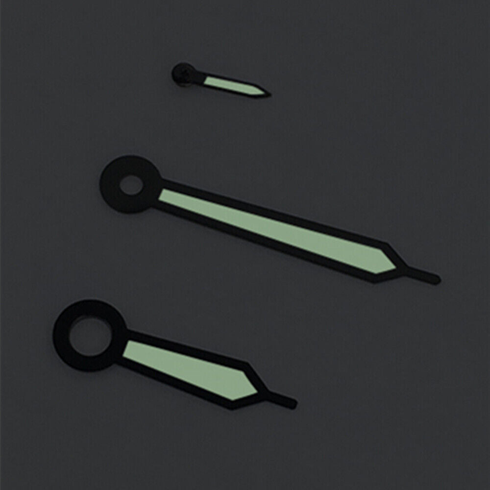 Black trim green luminous watch hands for ST3600, ST3620, ETA6497 & ETA6498 mechanical movements.