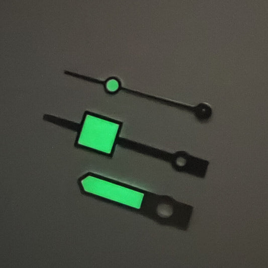 Green luminous geometric square watch hands with silver trim, compatible with NH35/NH36/4R/7S movements.