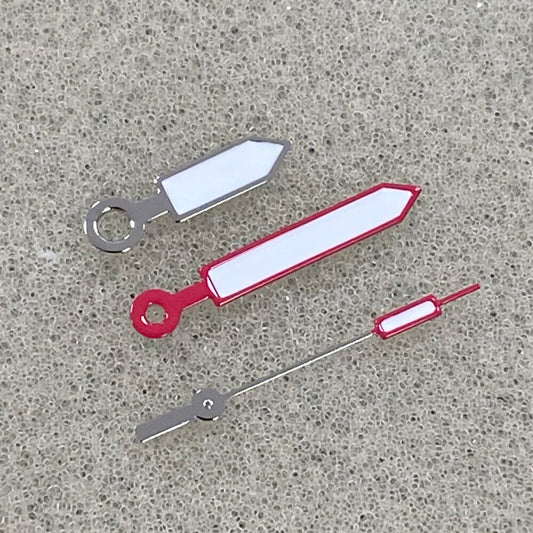 Red and silver trimmed luminous watch hands for NH35/NH36/4R/7S movement.