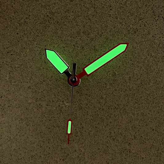 Red and silver trimmed luminous watch hands for NH35/NH36/4R/7S movement.
