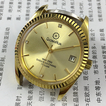 Qionghua Steel men's mechanical watch, golden dial, single calendar, 17 jewels, elegant design.