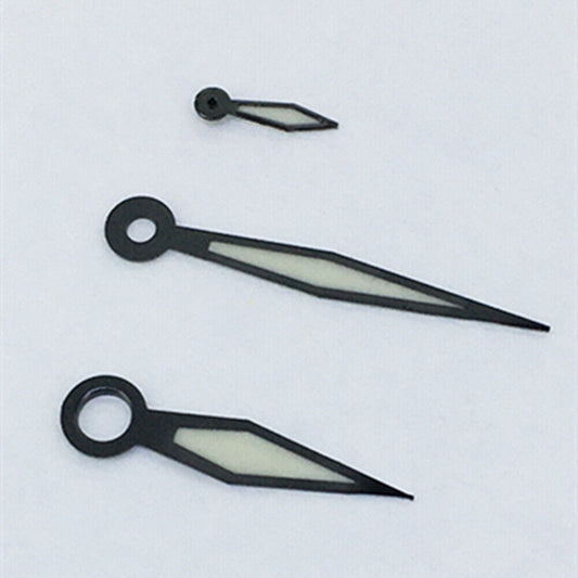 Black trim green polished blue lume watch hands for ST3600 movement, enhancing vintage watch designs.