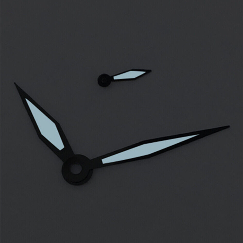 Green polished watch hands with black trim and blue lume for ST3600 movement, vintage style enhancement.