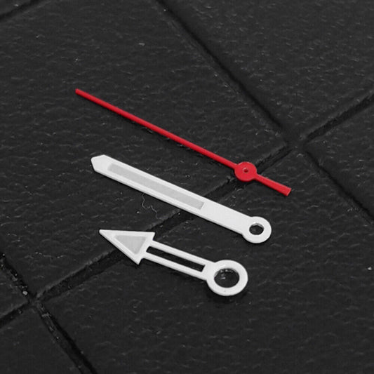 Green lume watch hands with white trim and red second hand, compatible with NH35, NH36, 4R, and 7S movements.