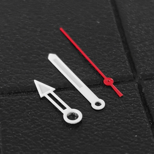 Green lume watch hands with white trim and red second hand, compatible with NH35, NH36, 4R, and 7S movements.