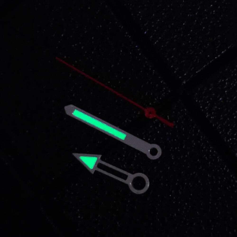 Green lume watch hands with white trim and red second hand, fits NH35, NH36, 4R, 7S movements,.