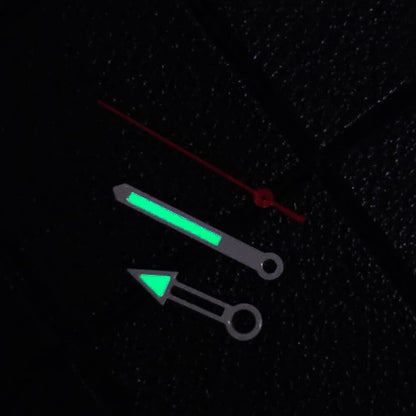 Green lume watch hands with white trim and red second hand, fits NH35, NH36, 4R, 7S movements,.