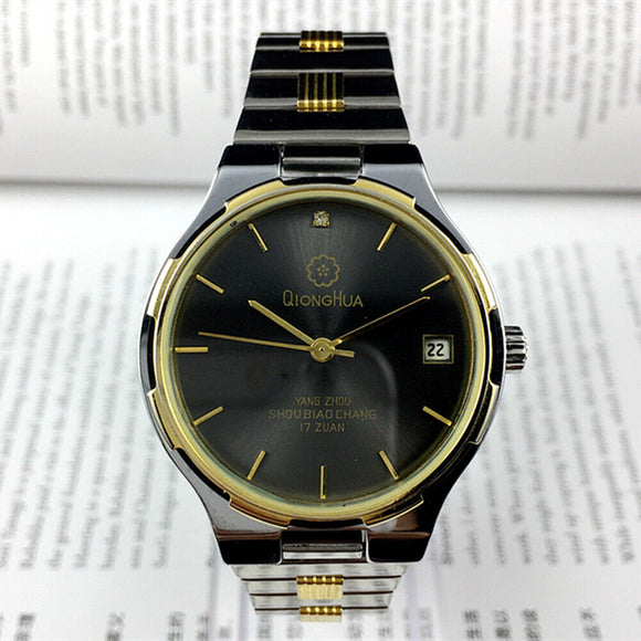37mm Qionghua Steel Manual Mechanical Watch 17 Jews Black Dial Single Calendar