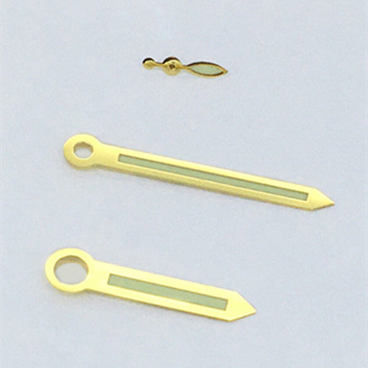 Golden trim green luminous watch hands for ST3600 movement, enhancing visibility and style.