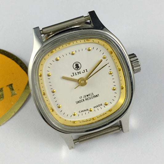 Elegant 26mm SHANGHAI JINJI Lady Watch with golden square case, manual mechanical movement, 17 jewels for precision.