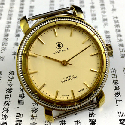 SHANGHAI JINJI 37mm manual mechanical watch with 17 jewels, shock-resistant, gold nail markers, classic style.