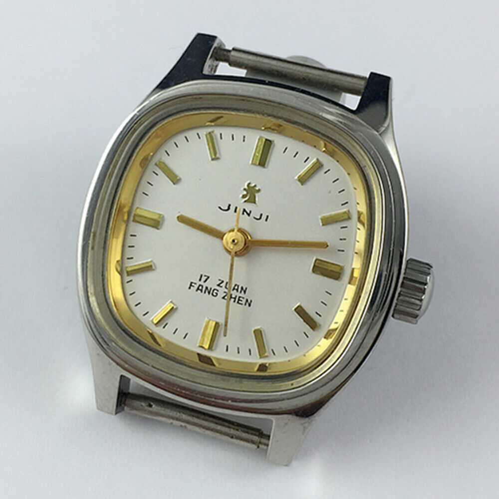 Elegant 24mm SHANGHAI JINJI lady watch with gold square case, manual mechanical movement, and 17 jewel design.
