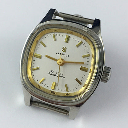 Elegant 24mm SHANGHAI JINJI lady watch with gold square case, manual mechanical movement, and 17 jewel design.