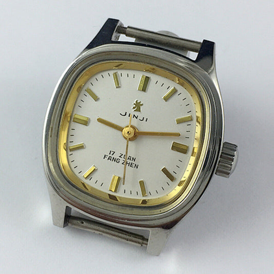 Elegant 24mm SHANGHAI JINJI lady watch with gold square case, manual mechanical movement, and 17 jewel design.
