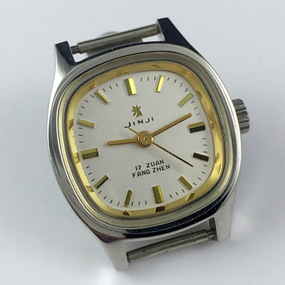 Elegant 24mm SHANGHAI JINJI lady watch with gold square case, manual mechanical movement, and 17 jewel design.
