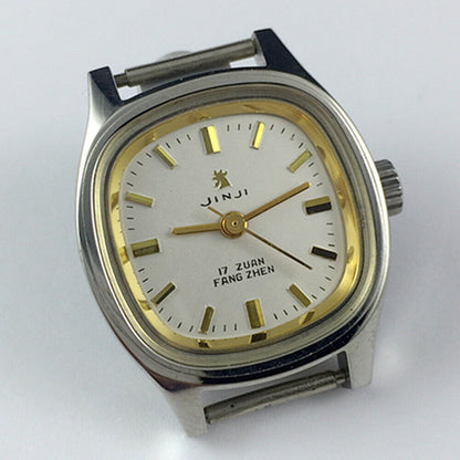 Elegant 24mm SHANGHAI JINJI lady watch with gold square case, manual mechanical movement, and 17 jewel design.