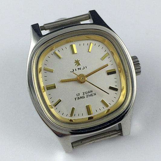 Elegant 24mm SHANGHAI JINJI lady watch with gold square case, manual mechanical movement, and 17 jewel design.
