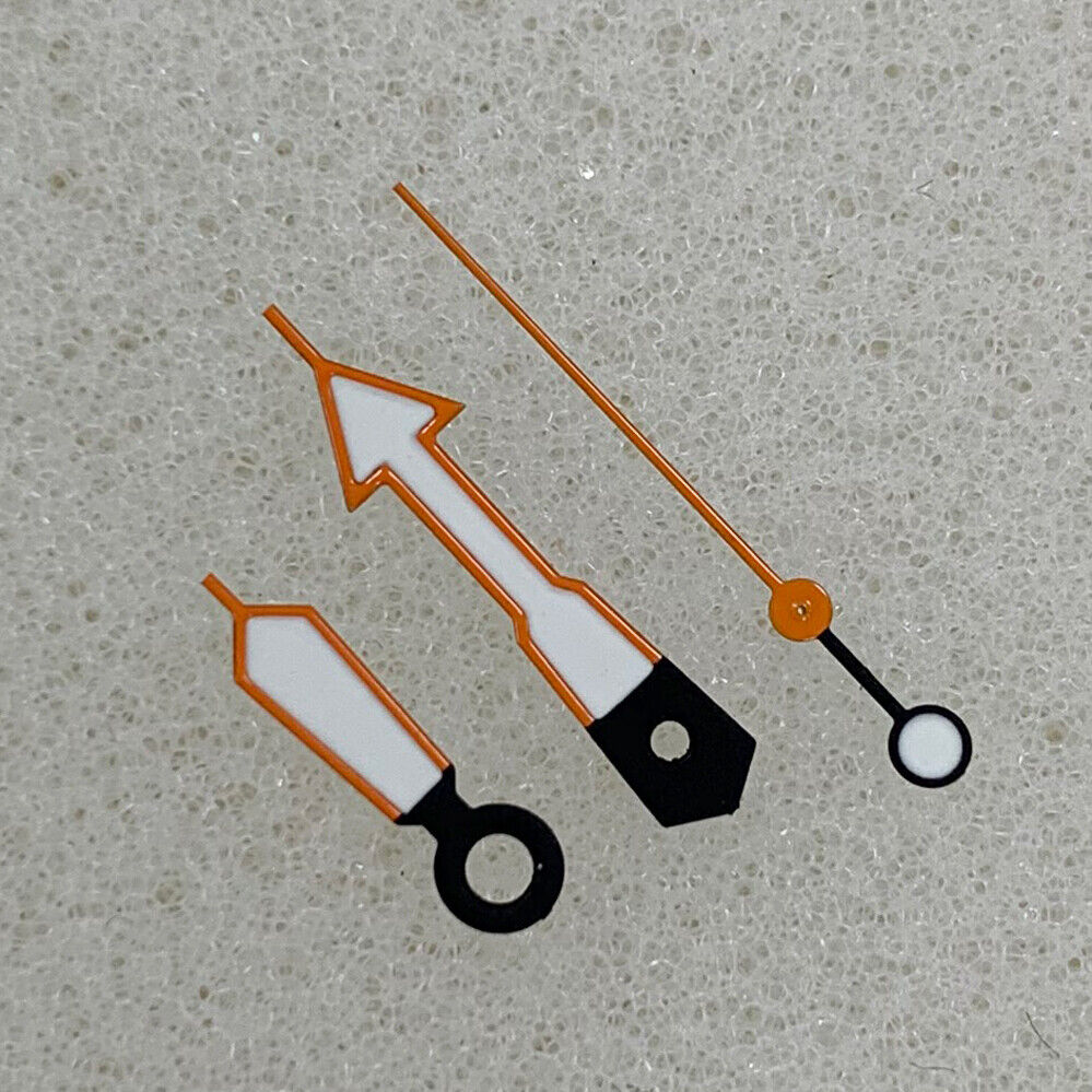 Arrow-shaped orange trim watch hands with green luminous fill for NH35/NH36/4R/7S movements, enhancing visibility and style.