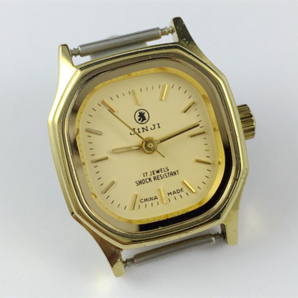 26mm SHANGHAI JINJI Lady Watch with golden square case and manual mechanical movement, featuring 17 jewels.