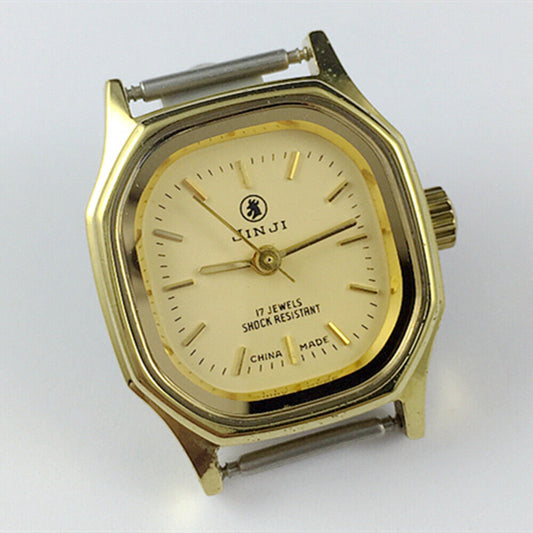 26mm SHANGHAI JINJI Lady Watch with golden square case and manual mechanical movement, featuring 17 jewels.