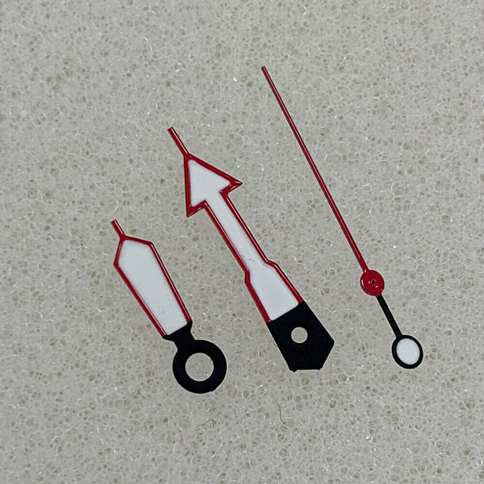 Arrow-shaped watch hands with red trim and green luminous fill, compatible with NH35/NH36/4R/7S movements.