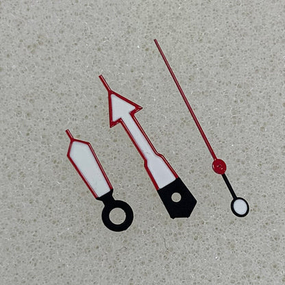 Arrow-shaped watch hands with red trim and green luminous fill, compatible with NH35/NH36/4R/7S movements.