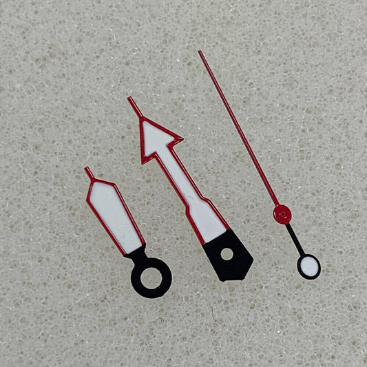 Arrow-shaped watch hands with red trim and green luminous fill, compatible with NH35/NH36/4R/7S movements.
