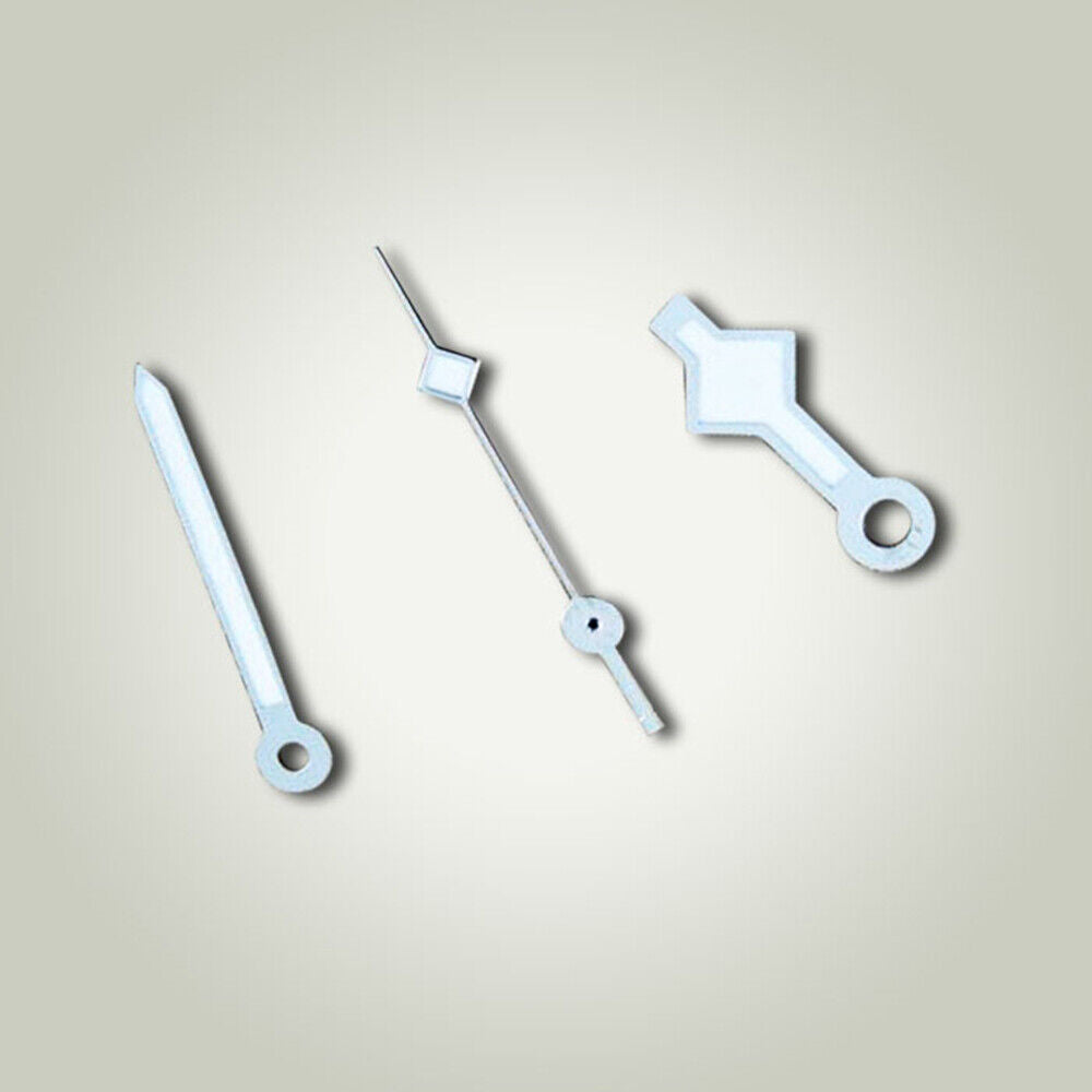 Silver watch hands compatible with Miyota and ETA movements, ideal for precise timepiece repair and customization.