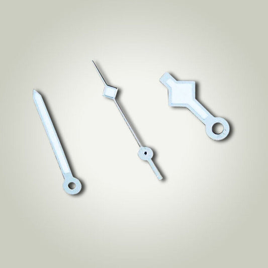 Silver watch hands compatible with Miyota and ETA movements, ideal for precise timepiece repair and customization.