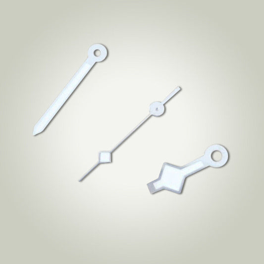 Silver watch hands compatible with Miyota and ETA movements, ideal for precise timepiece repair and customization.