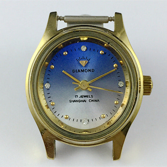 25mm Shanghai Diamond Oval lady watch with blue dial, 17 jewels, manual mechanical movement.