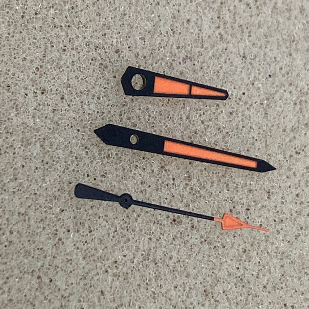 Orange arrow-shaped watch hands with black trim and green luminous detailing, compatible with NH35/NH36 movements.
