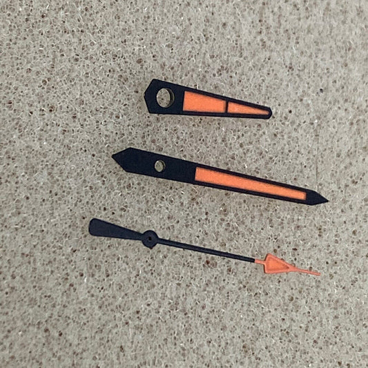 Orange arrow-shaped watch hands with black trim and green luminous detailing, compatible with NH35/NH36 movements.