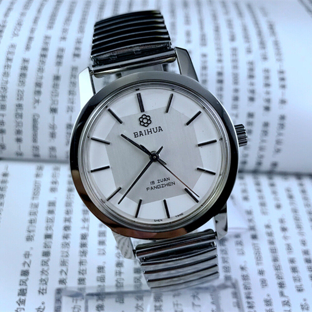 China Baihua 37mm manual mechanical watch with silver dial, 19 jewels, shock-resistant for long-lasting performance
