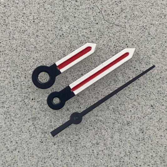 Green luminous watch hands with silver trim in red arrow shape, compatible with NH35/NH36/4R/7S movements, Red Arrow brand.