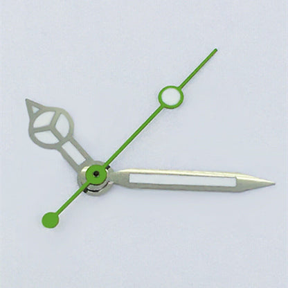 Green lume watch hands with silver trim for ETA2836/2846/2824 movements, perfect for watch repairs.