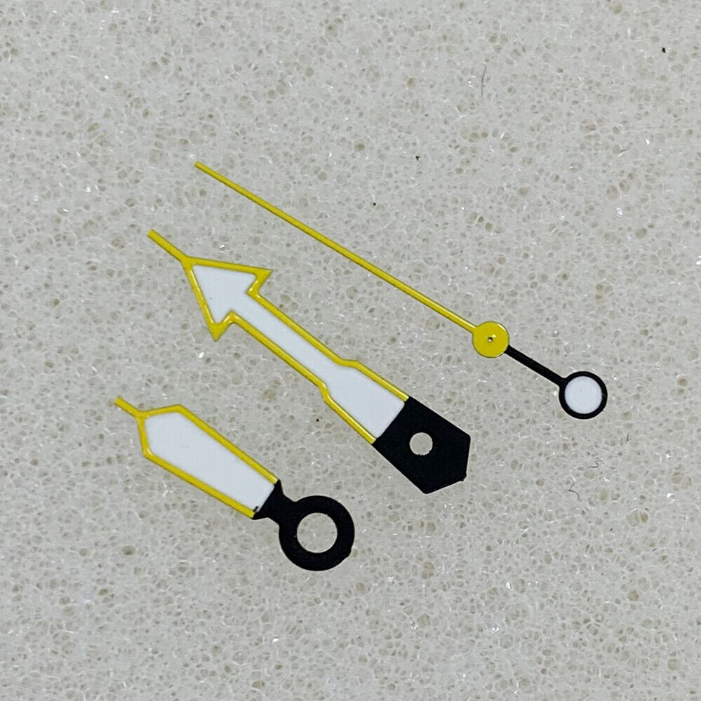 Arrow shape yellow-trimmed green luminous watch hands for NH35/NH36/4R/7S movement, enhancing dial visibility.
