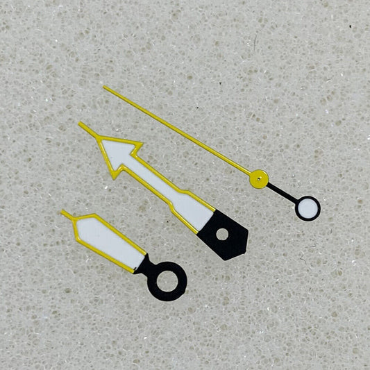 Arrow shape yellow-trimmed green luminous watch hands for NH35/NH36/4R/7S movement, enhancing dial visibility.
