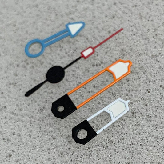 GMT Arrow hollow watch hands with colorful trim and green lume, designed for NH34 movement.