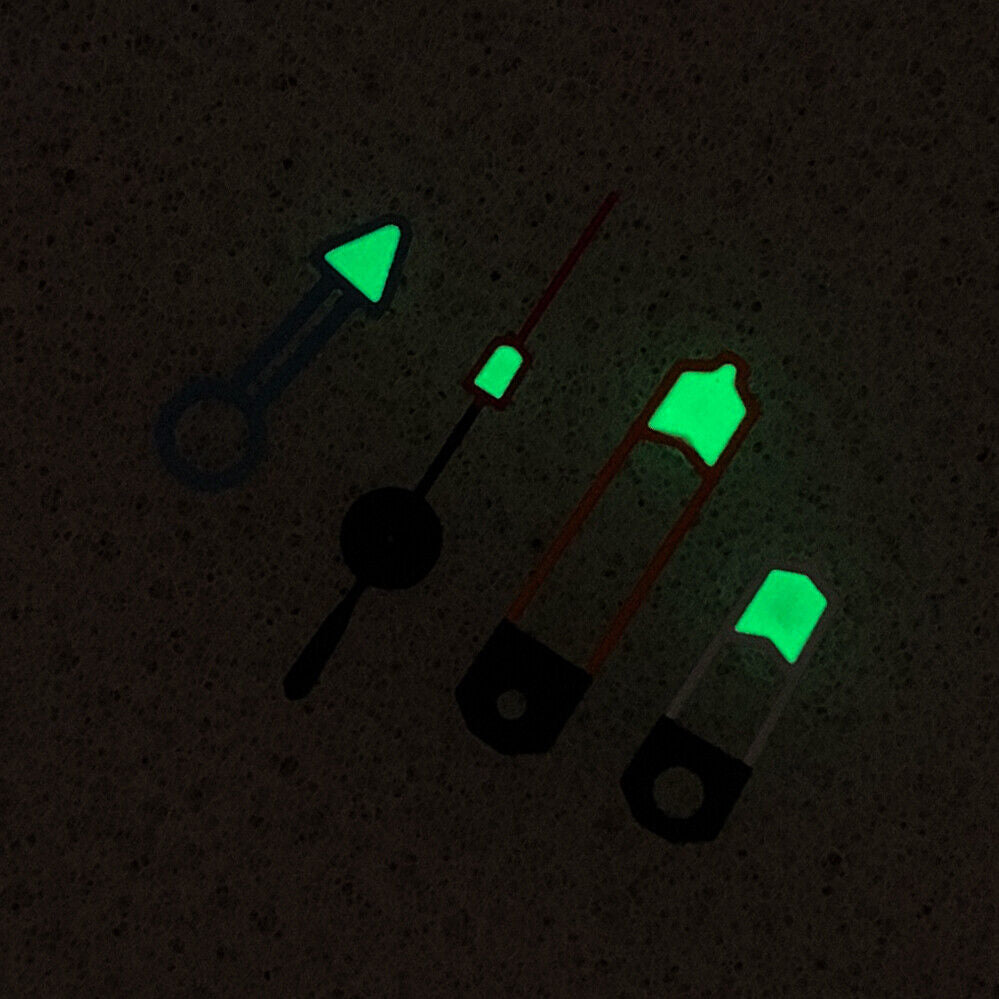 GMT Arrow hollow watch hands with colorful trim and green lume for NH34 movement, ideal for custom watch builds.