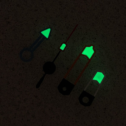 GMT Arrow hollow watch hands with colorful trim and green lume for NH34 movement, ideal for custom watch builds.