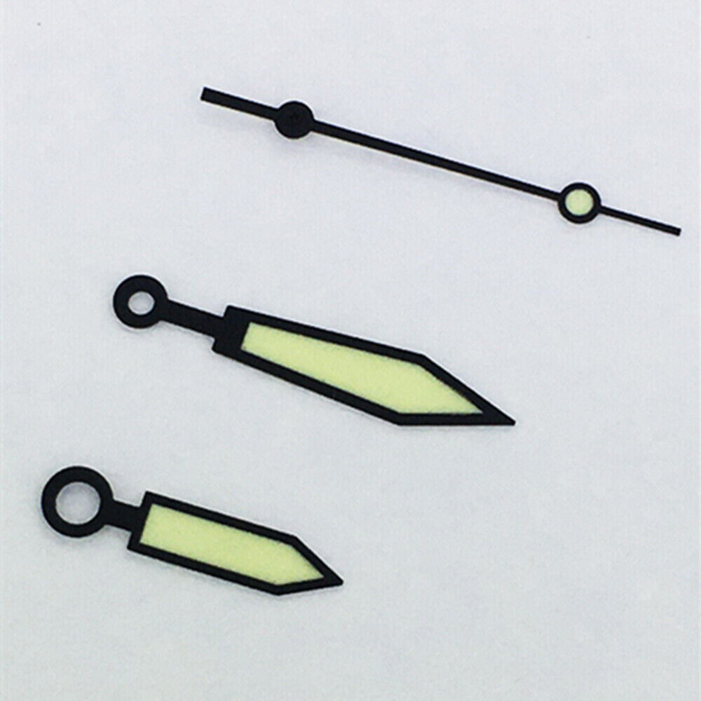 Arrow shaped green luminous watch hands for ETA2836 movement, enhancing visibility and style.