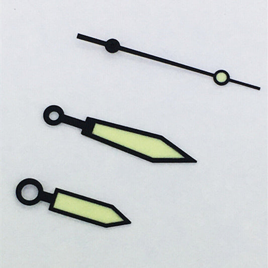 Arrow shaped green luminous watch hands for ETA2836 movement, enhancing visibility and style.