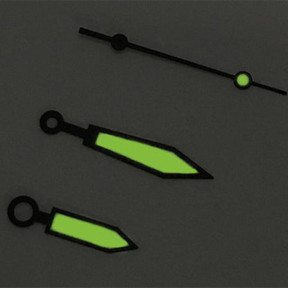Arrow-shaped green luminous watch hands for ETA2836 movement, boosting style and nighttime readability.