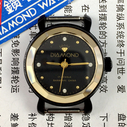 30mm SHANGHAI DIAMOND manual mechanical lady watch with black dial, black case, and 17 jewels.