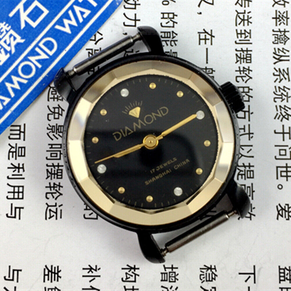 30mm SHANGHAI DIAMOND manual mechanical lady watch with black dial, black case, and 17 jewels.