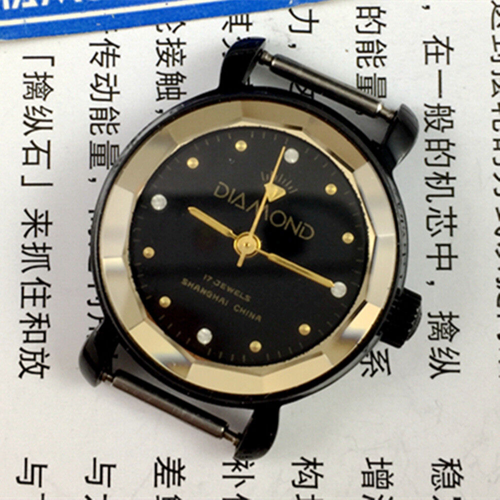 30mm SHANGHAI DIAMOND manual watch for women with black dial, black case, and 17-jewel movement.