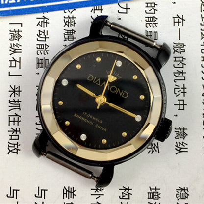 30mm SHANGHAI DIAMOND manual watch for women with black dial, black case, and 17-jewel movement.